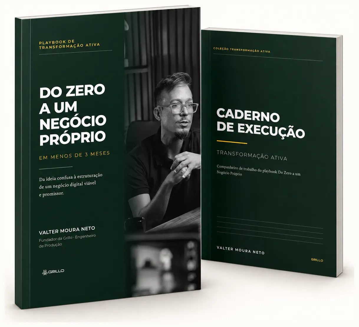 Mockup do Playbook Do Zero a um Negócio Próprio e do Caderno de Execução Transformação Ativa, de Valter Moura Neto.